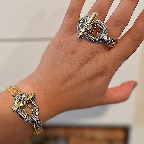 Gold Zircon Bangle Bracelet Two Finger Ring Set Luxury 18K Gold Plated - Picture 9 of 16